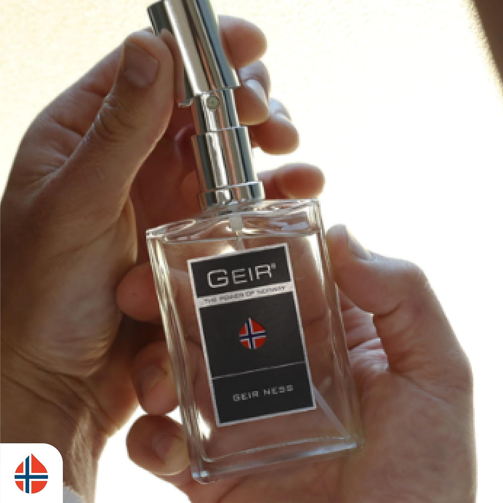 Geir Ness application neck shot demonstrates easy spritz for a subtle, all-day scent