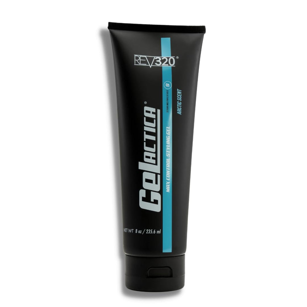 Gelactica Max Control 8oz bottle shows portable strong-hold gel for on-the-go styling.