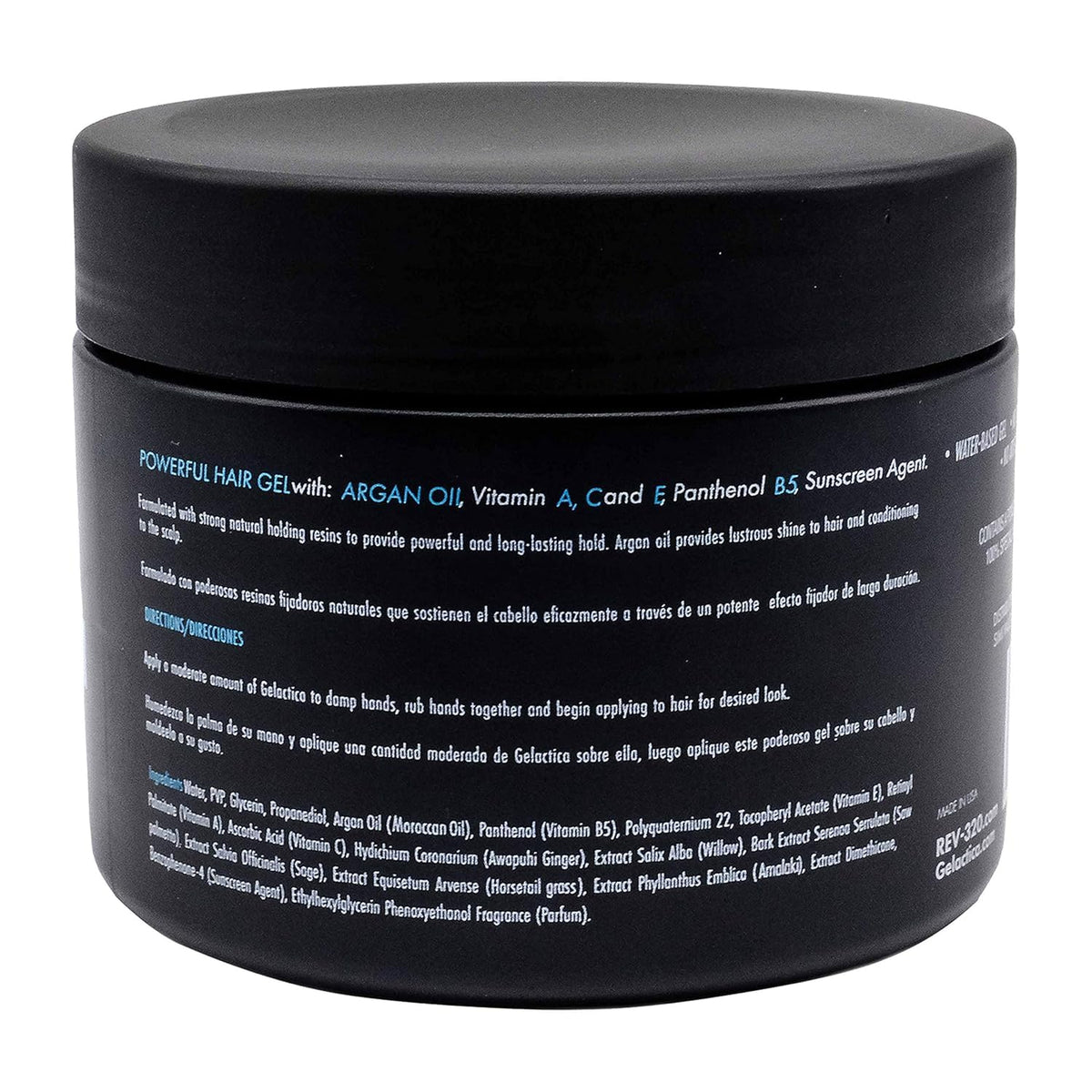 Gelactica Rev320 hair gel bottle shows strong hold and natural shine.