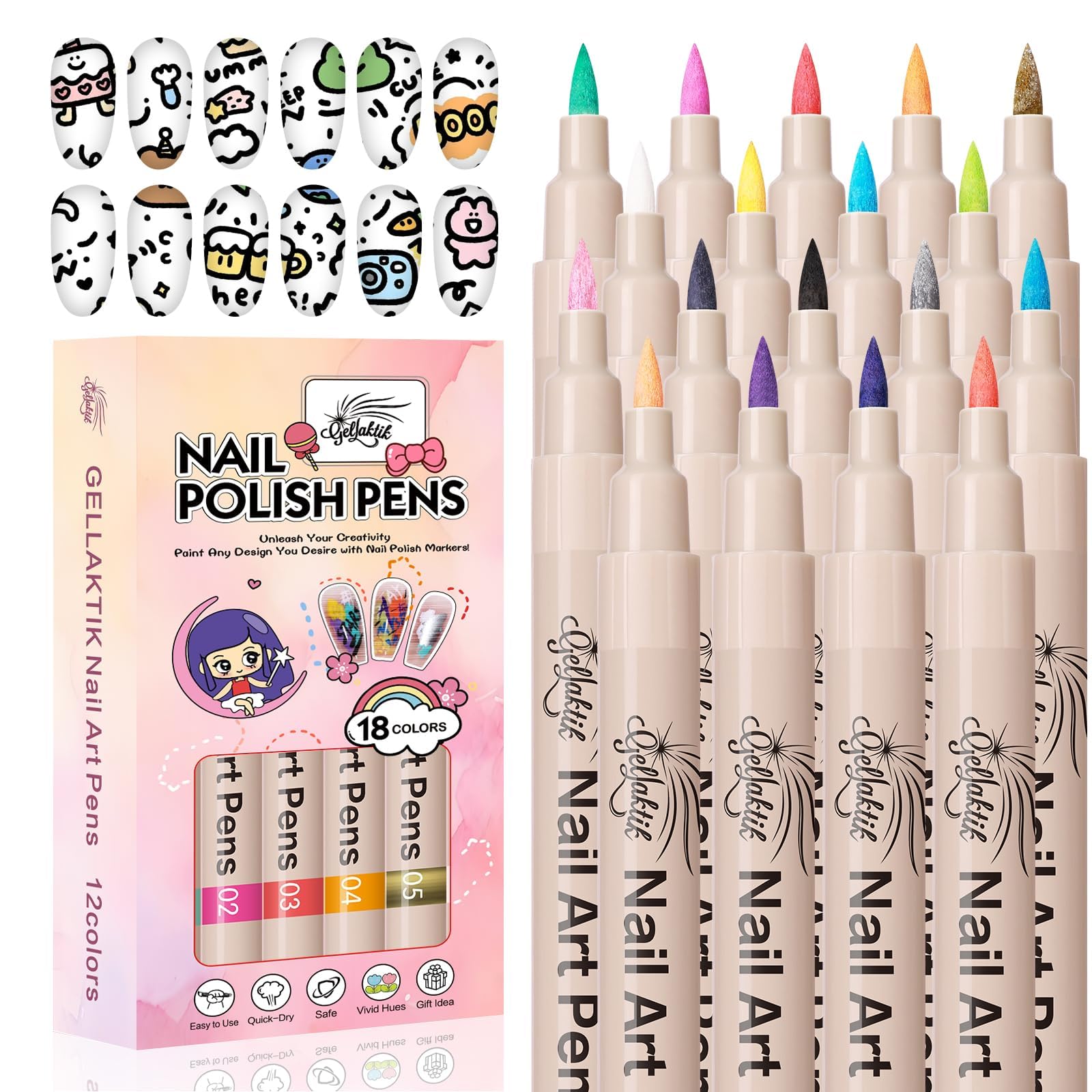 GELLAKTIK 18-color nail art pens close-up showing vibrant hues for DIY manicures