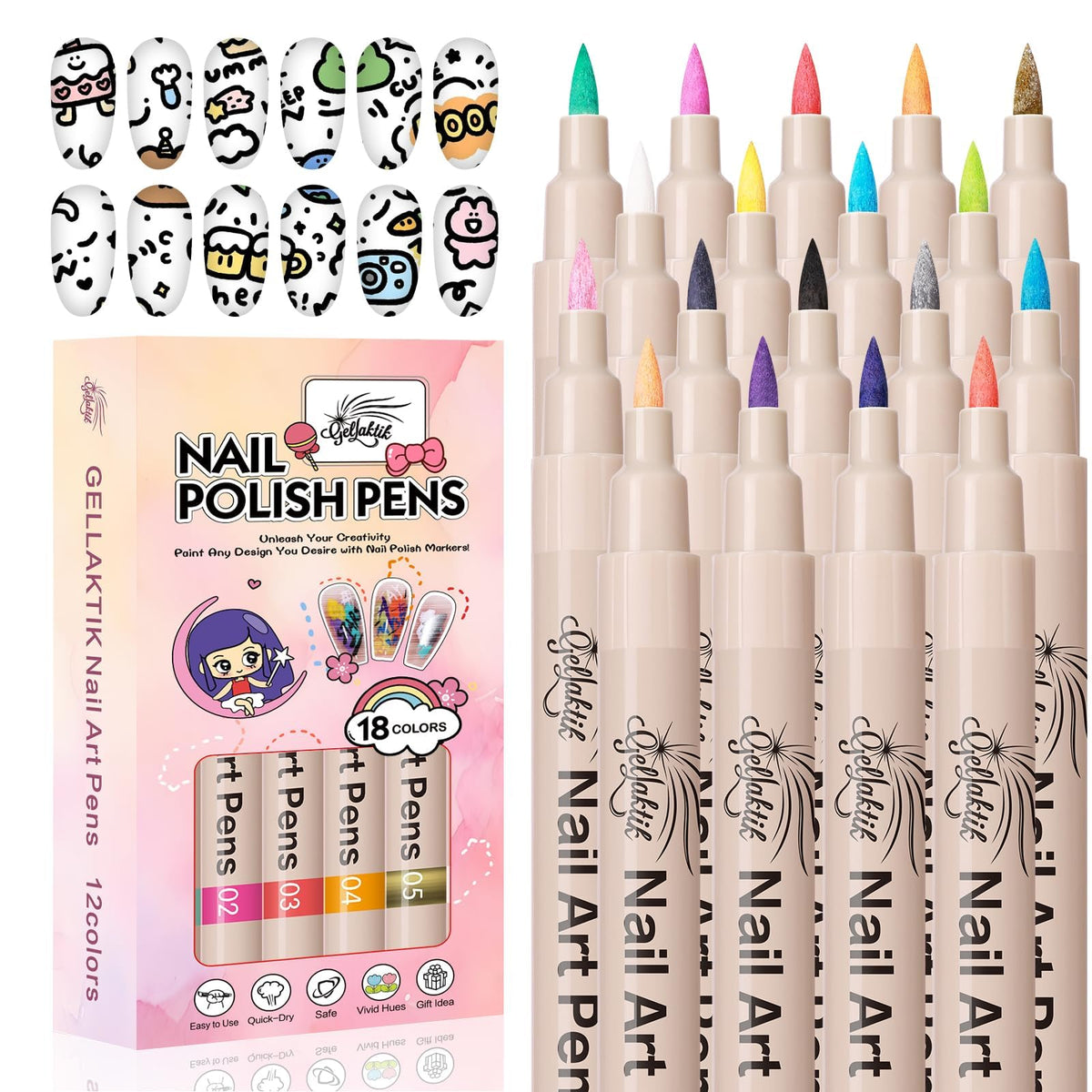 GELLAKTIK 18-color nail art pens close-up showing vibrant hues for DIY manicures