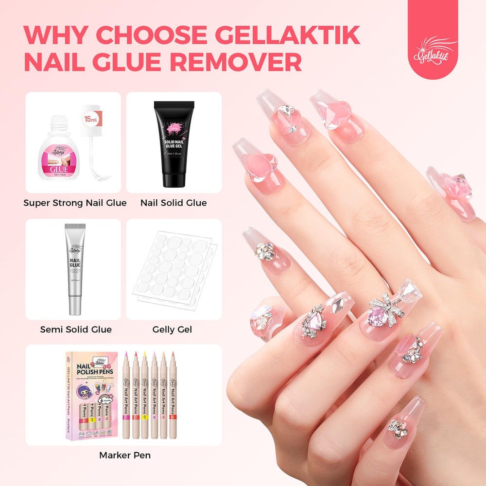 Gellaktik acrylic tips removal scene showing adhesive cleanup on extensions