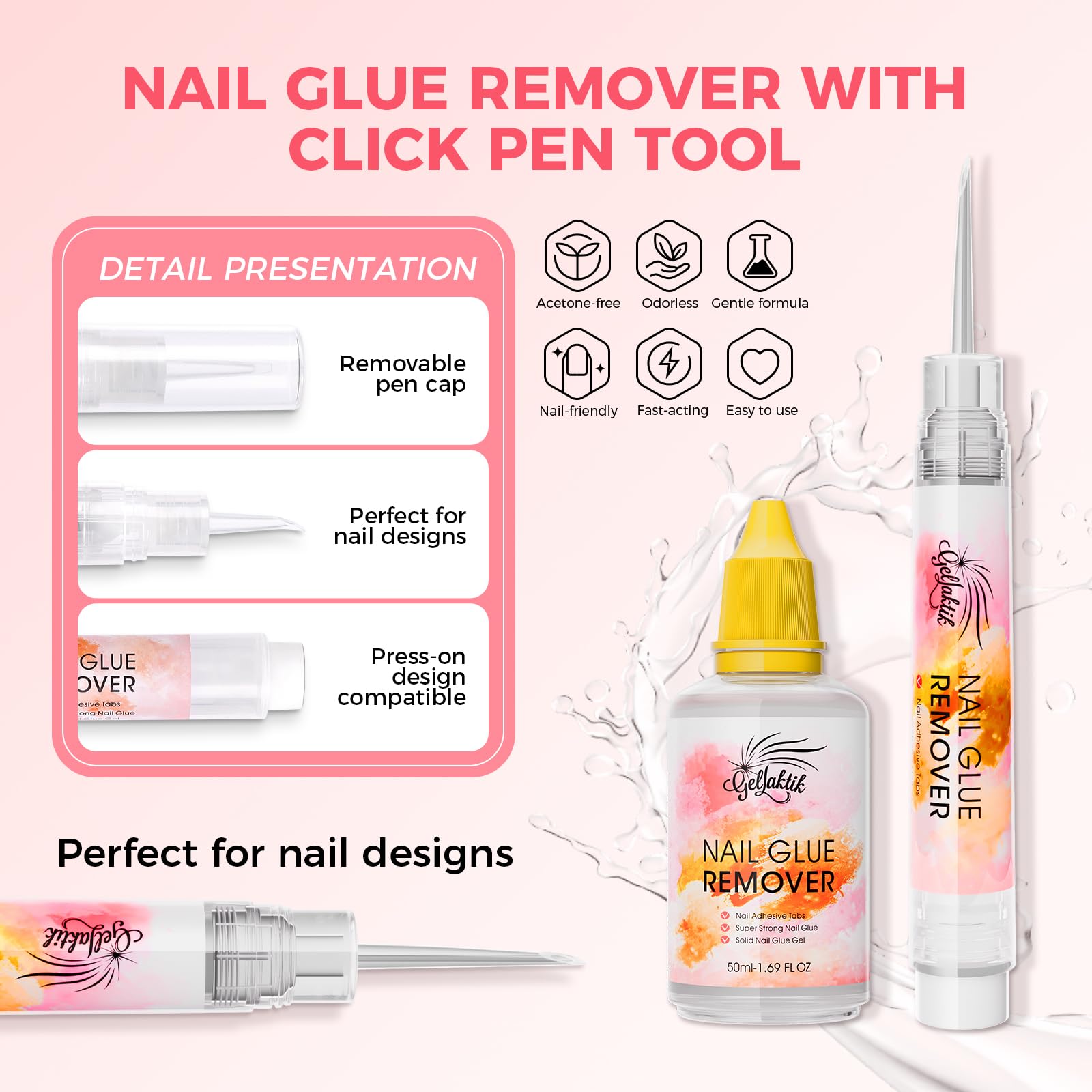 Gellaktik remover pen tip-lift action shown lifting nail edges