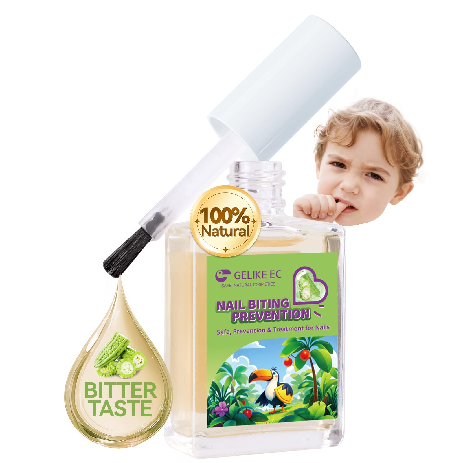 Gelike ec Nail Biting Treatment bottle front view, clear deterrent for healthy nails