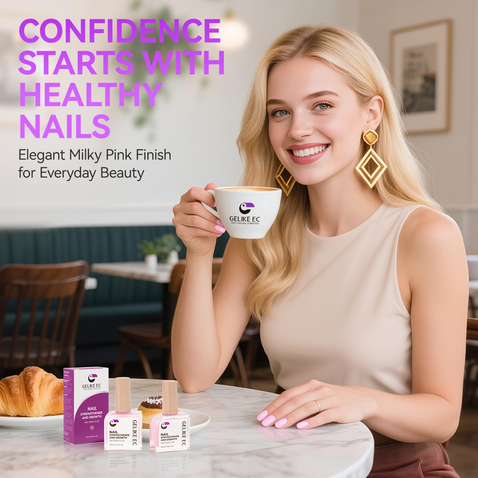 Gelike EC nail-strengthener fast-dry-finish shows chip-resistance for a natural manicure.