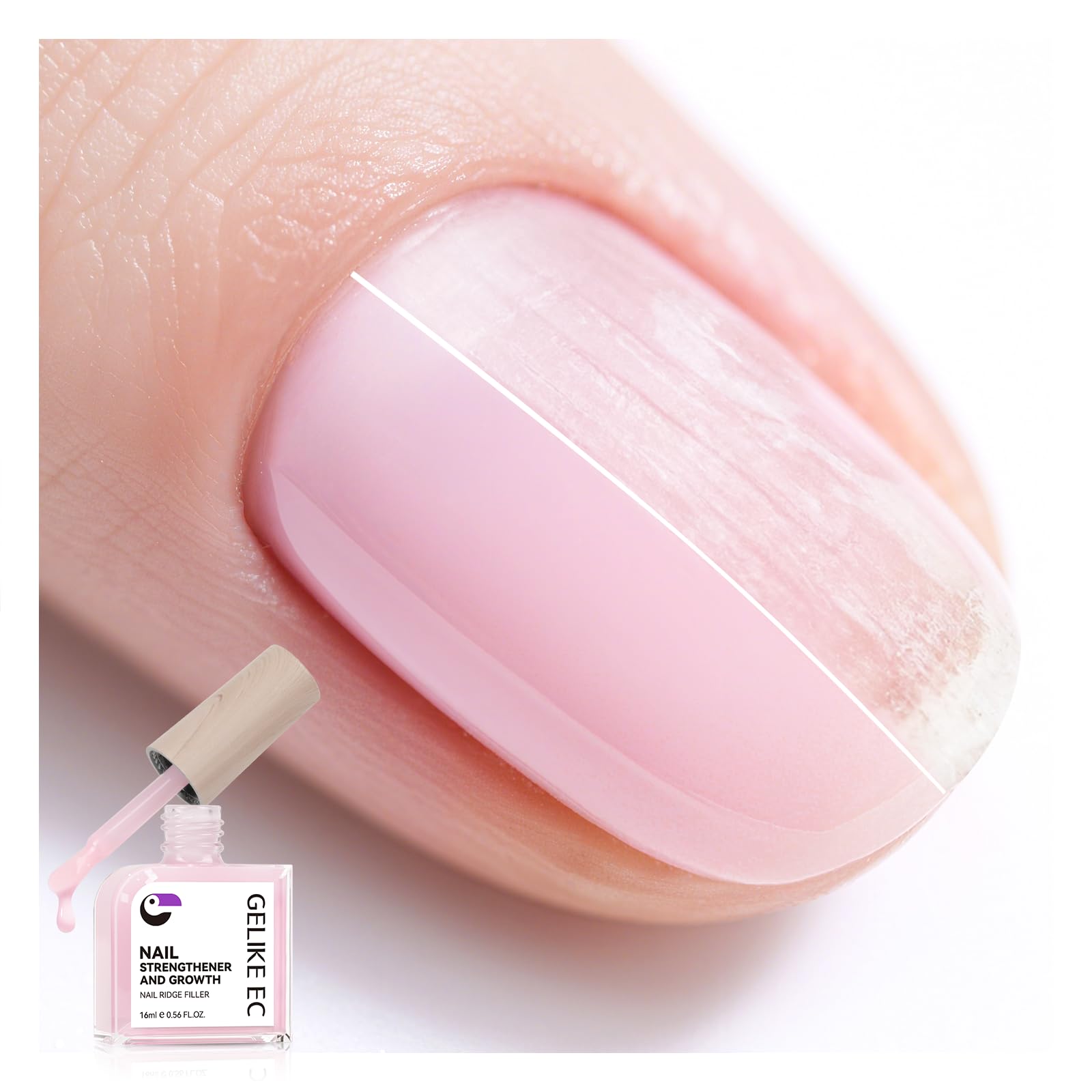 Gelike EC nail-strengthener milky-pink bottle shows quick-dry salon-look finish.