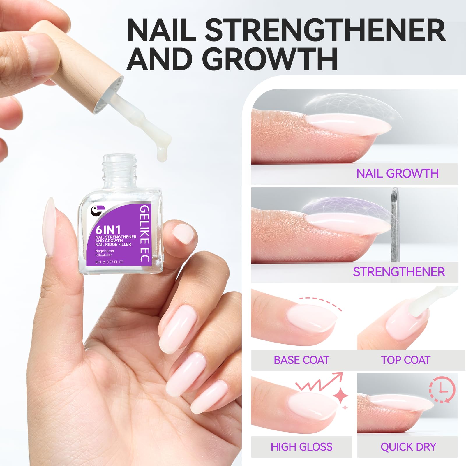 Gelike EC nails before and after reveal ridge-free, stronger surfaces