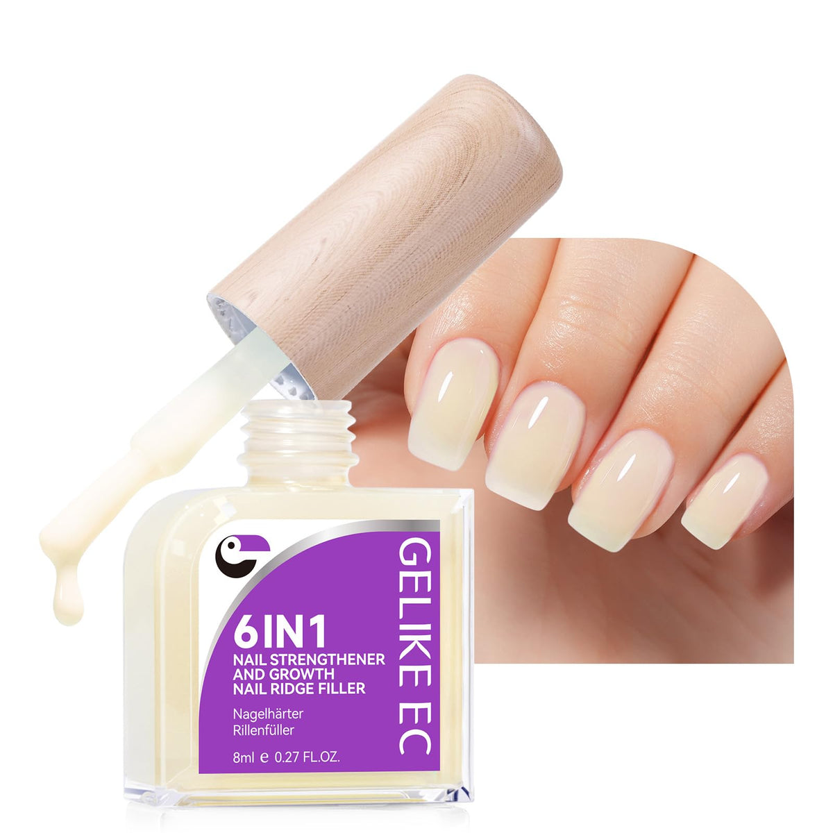 gelike ec yellow-6in1-bottle-closeup reveals quick-dry, 6-in-1 nail care in action.