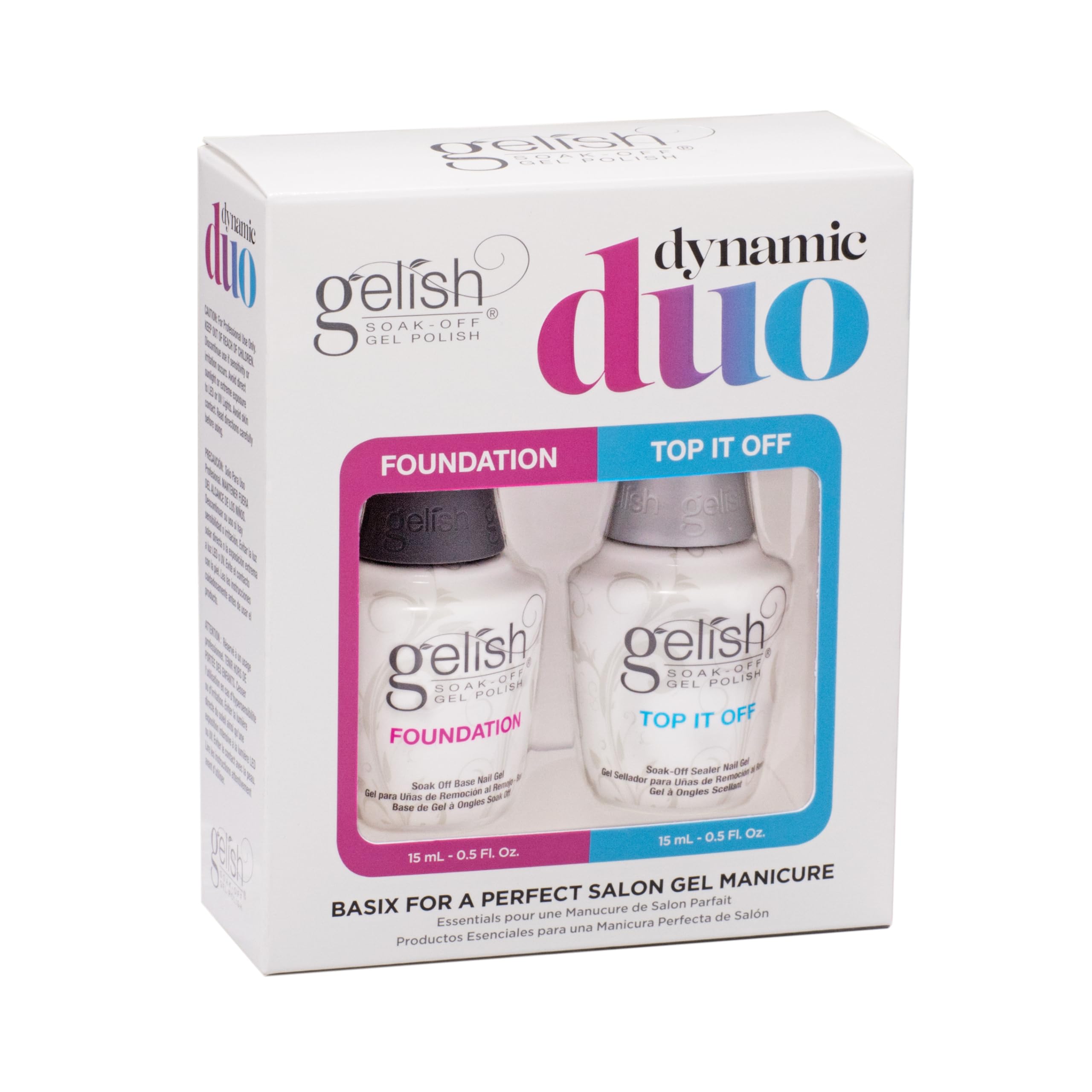 Gelish Dynamic Duo Foundation Base Gel bottle close-up highlighting strong adhesion for durable manicures.