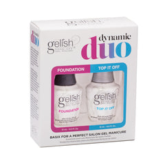 Gelish Dynamic Duo Foundation Base Gel bottle close-up highlighting strong adhesion for durable manicures.