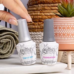 Gelish Dynamic Duo Top It Off Sealer Gel bottle close-up showing chip-free, high-shine finish.