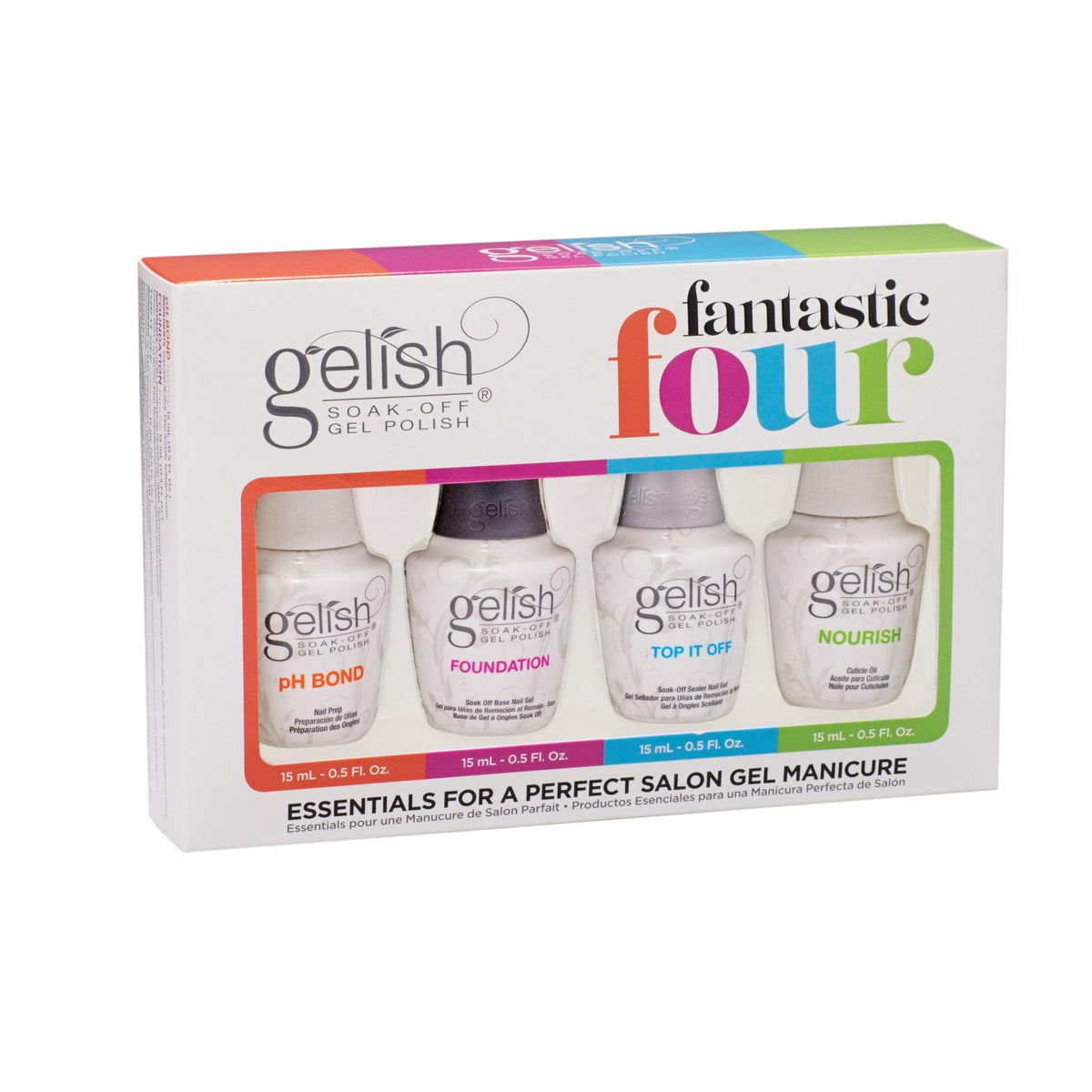 Gelish Fantastic Four Kit front packaging signals pro-grade manicure for home use.
