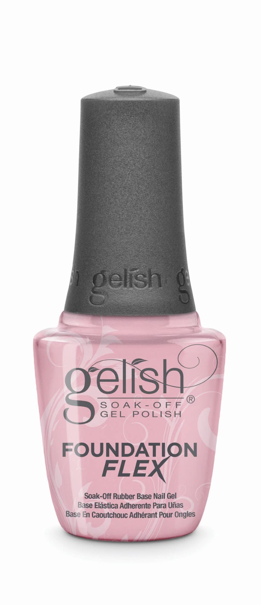 Gelish Foundation Flex bottle closeup highlights the flexible base gel for long-lasting protection.