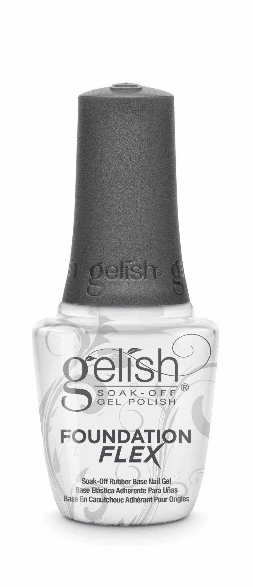 Gelish Foundation Flex bottle closeup highlighting flexible base coat for smooth nails.