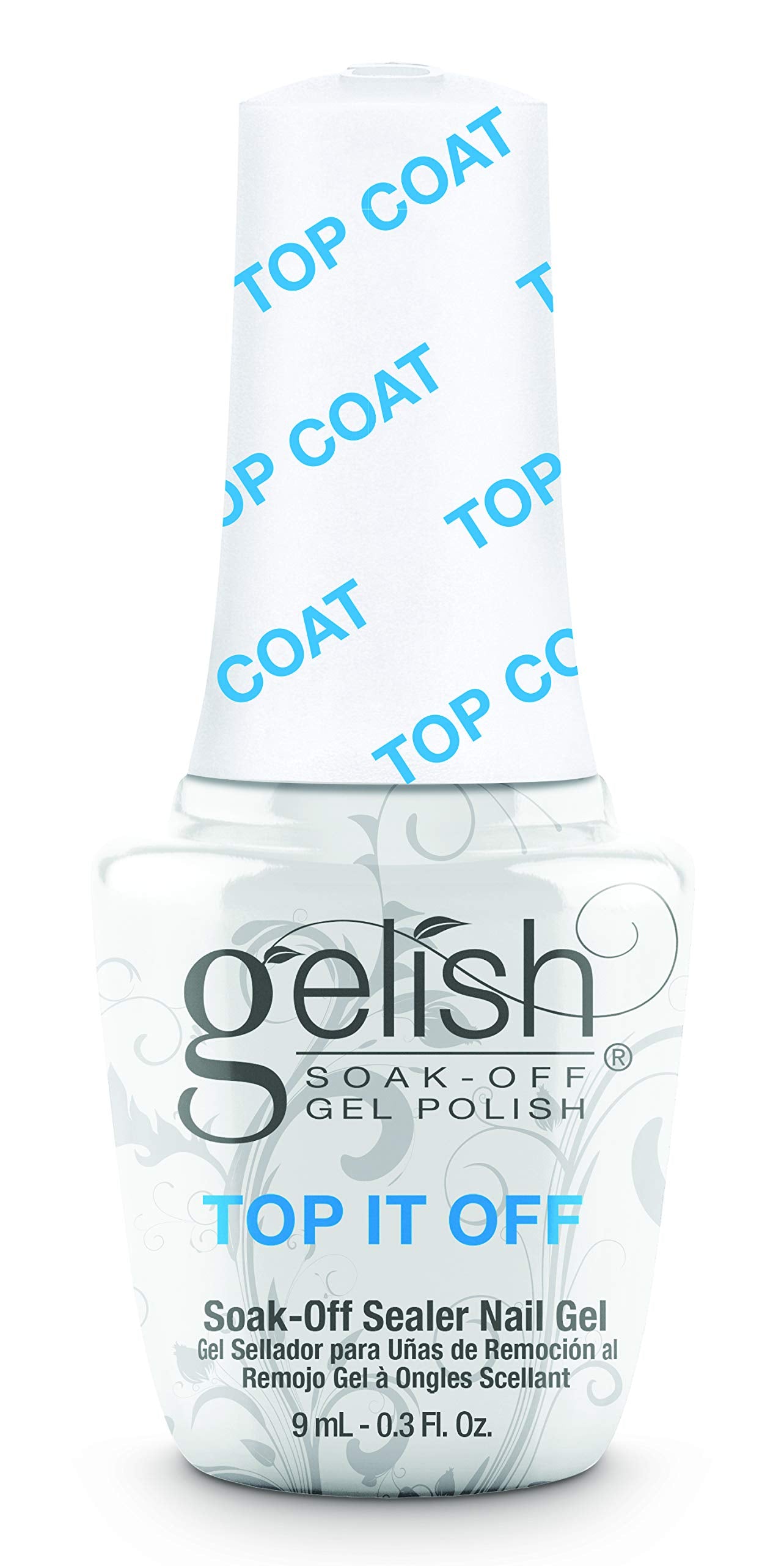 Gelish MINI Top It Off bottle shows a glossy seal for lasting shine.