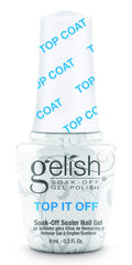 Gelish MINI Top It Off bottle shows a glossy seal for lasting shine.