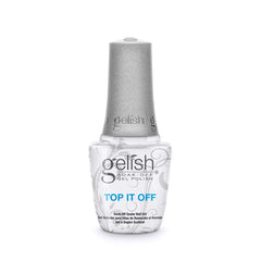 Gelish Top It Off bottle close-up delivers lasting high-gloss protection for gel nails.