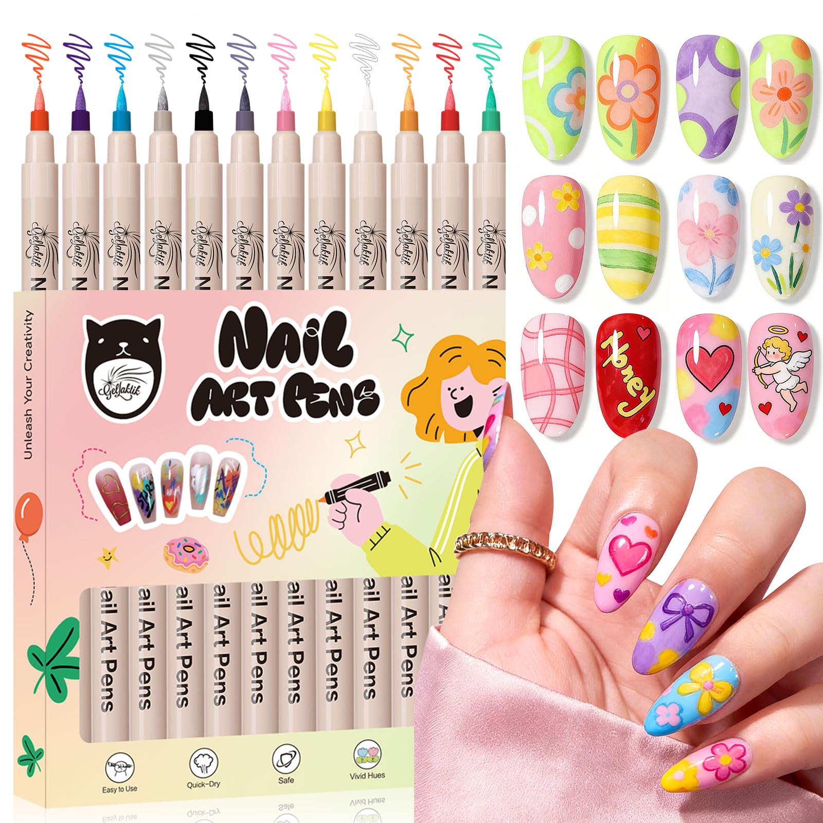 GELLAKTIK bolígrafos uñas 12 colores: frente, ideal para crear diseños coloridos.
