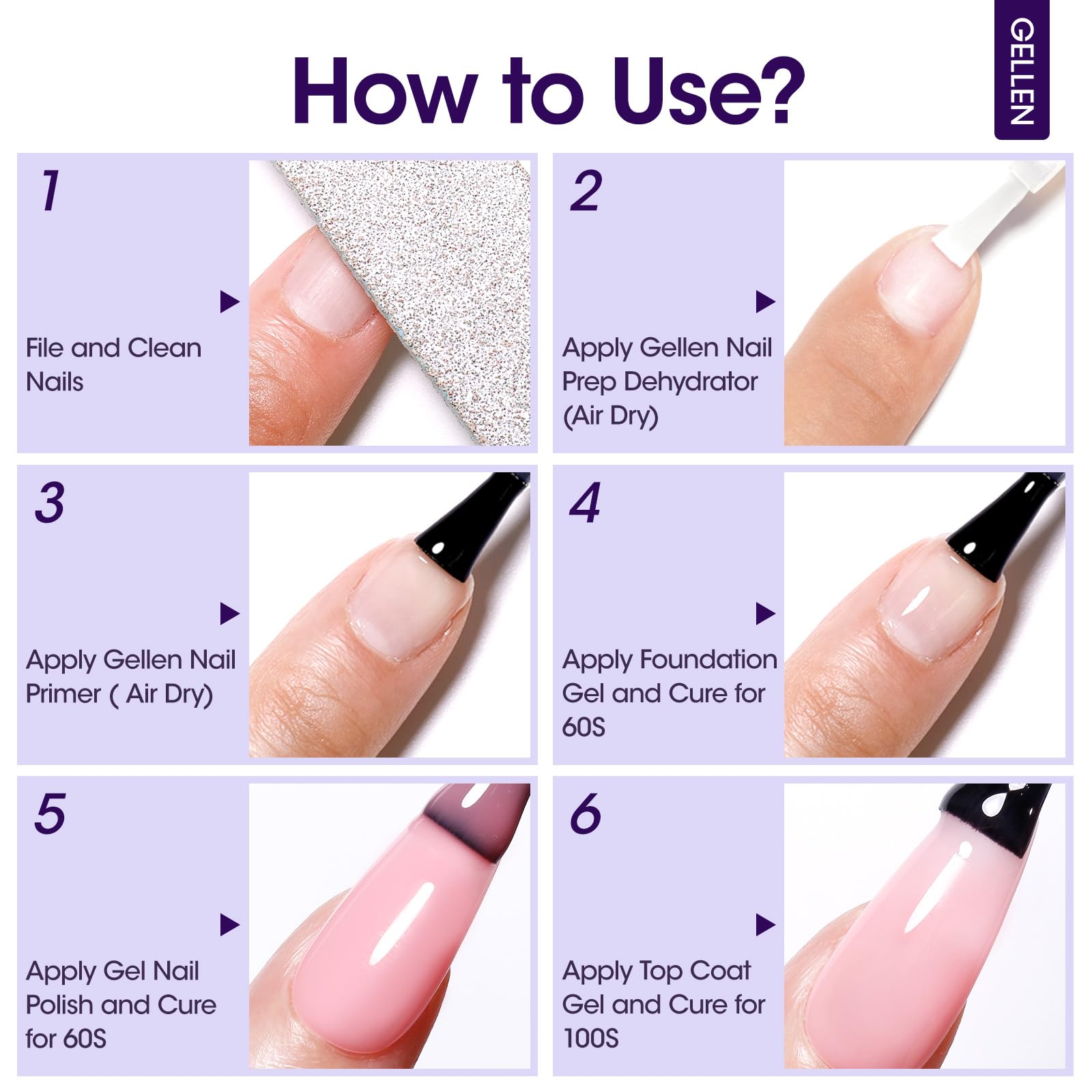 Gellen air-dry claim visual shows 1–3 seconds dry time.