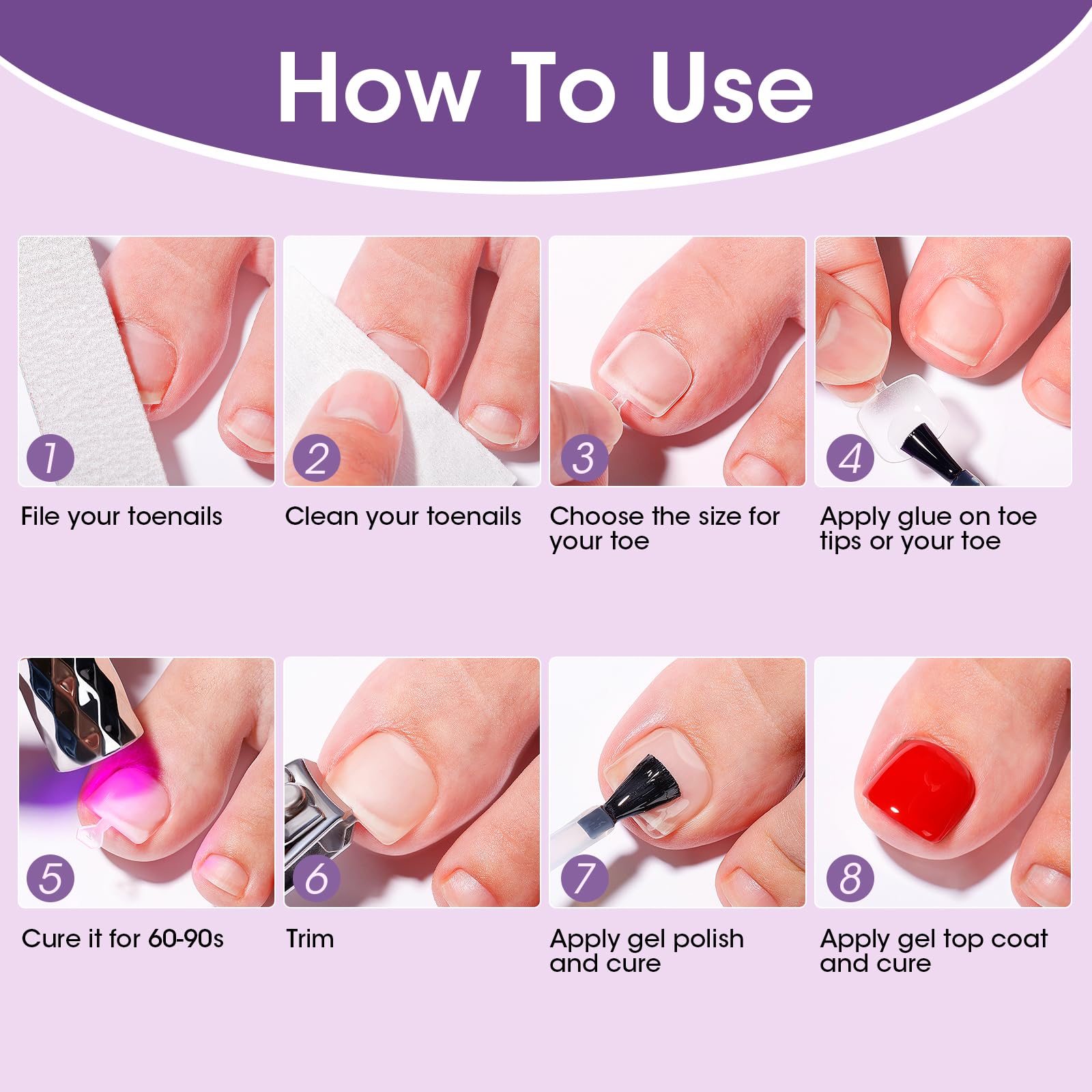 Gellen Gel Toe Nail Tips versatile for gel extensions, French tips, or poly gel