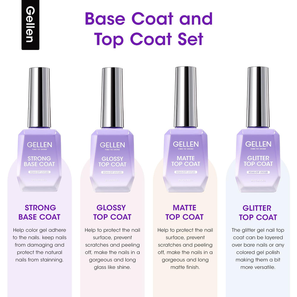 Gellen glossy top coat 18ml bottle adds high shine and chip resistance.