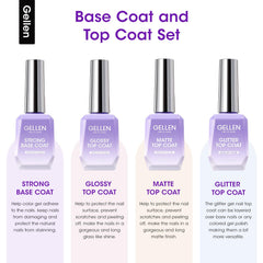 Gellen glossy top coat 18ml bottle adds high shine and chip resistance.