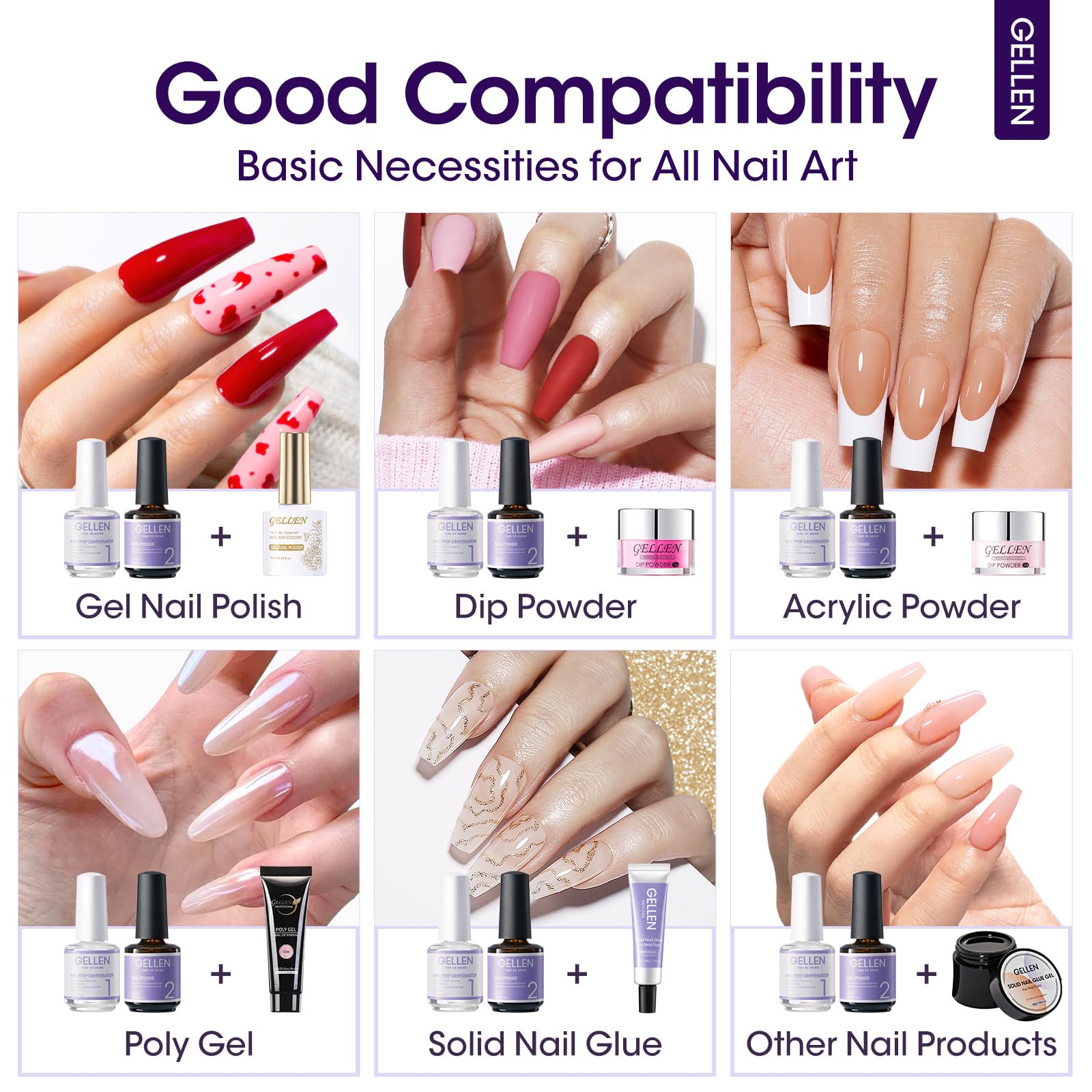 Gellen long-lasting manicure steps with base coat and gel polish.