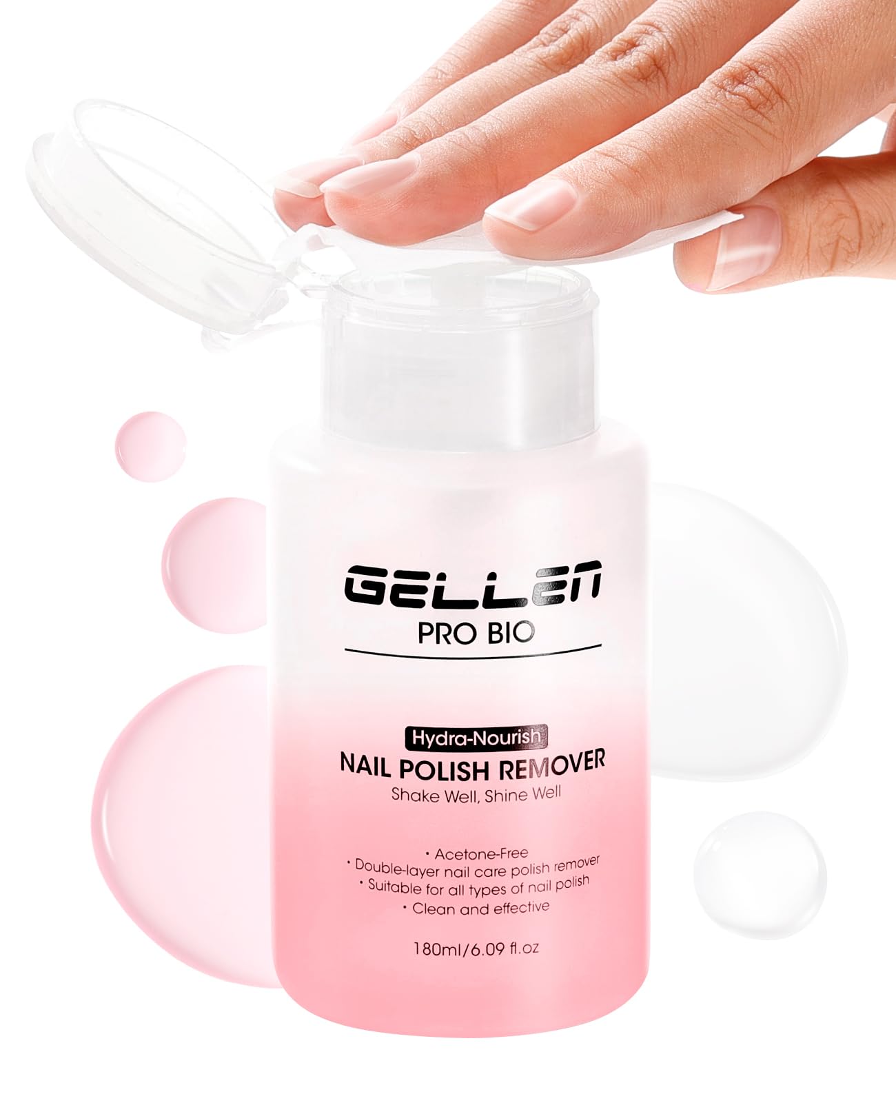 GELLEN nail polish remover with pump head enables easy one-handed application.