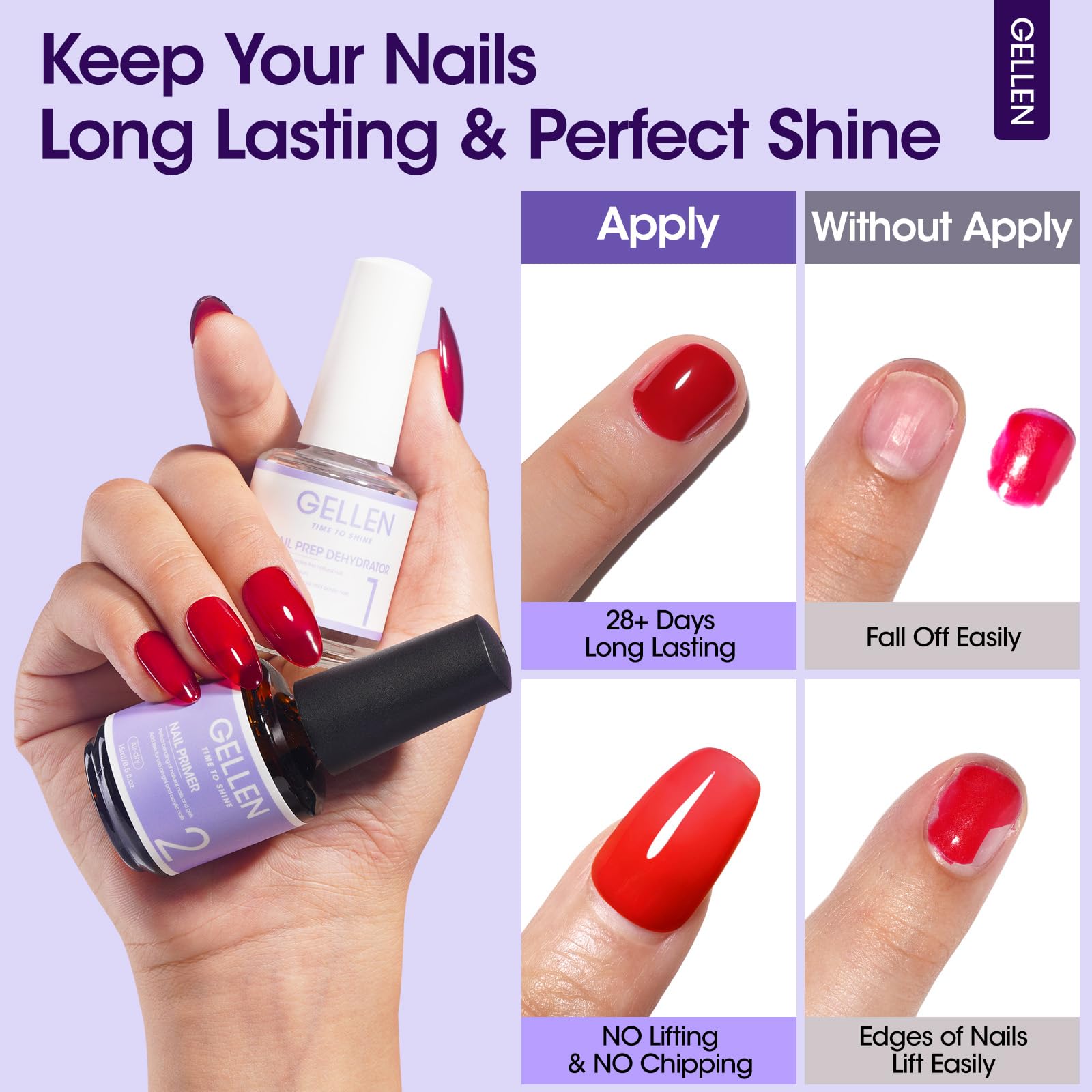 Gellen nail prep set packaging highlights non-toxic, hema-free formula.