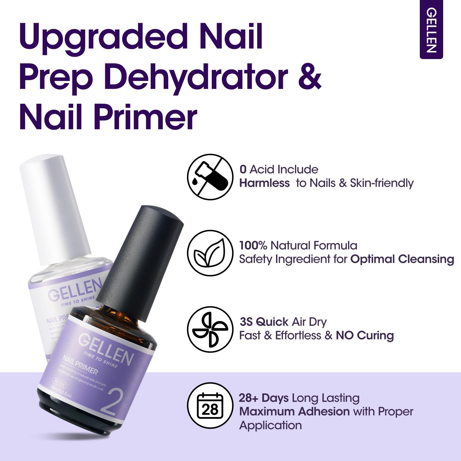 Gellen nail primer bottle demonstrates acid-free bonding for adhesion.