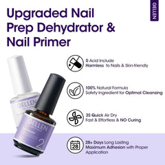 Gellen nail primer bottle demonstrates acid-free bonding for adhesion.