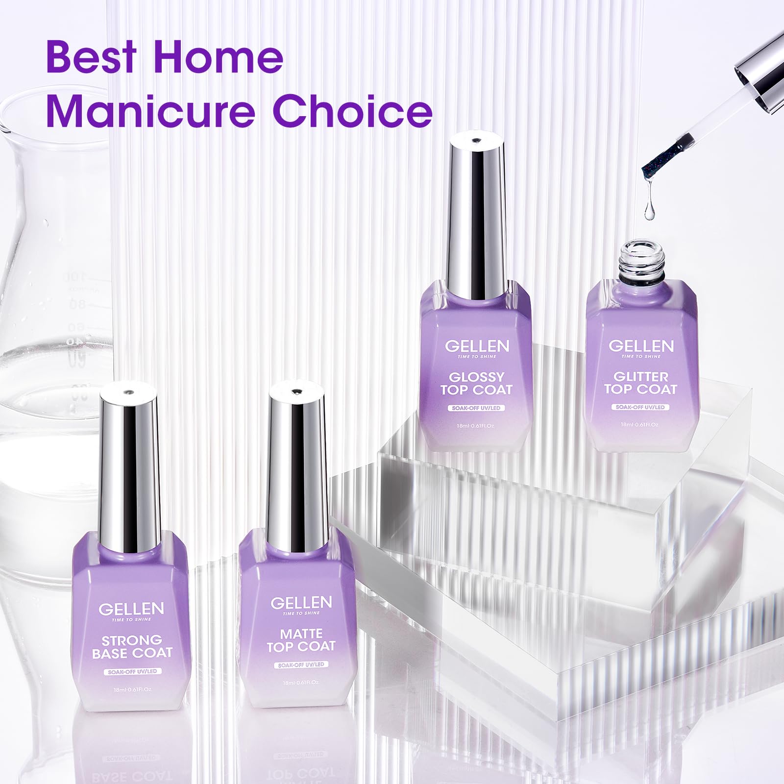 Gellen nail set collection display highlights versatile base and top coats.