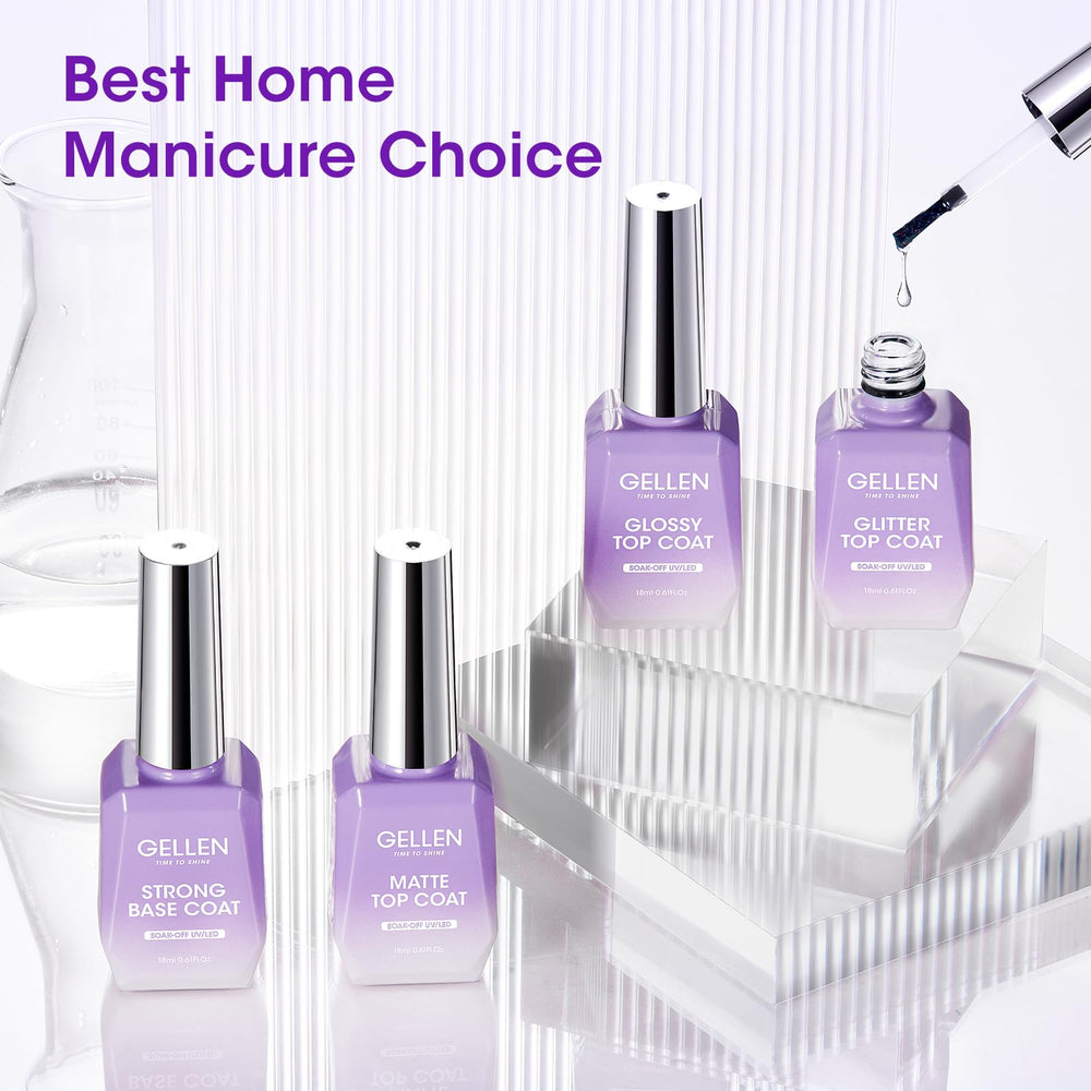 Gellen nail set collection display highlights versatile base and top coats.