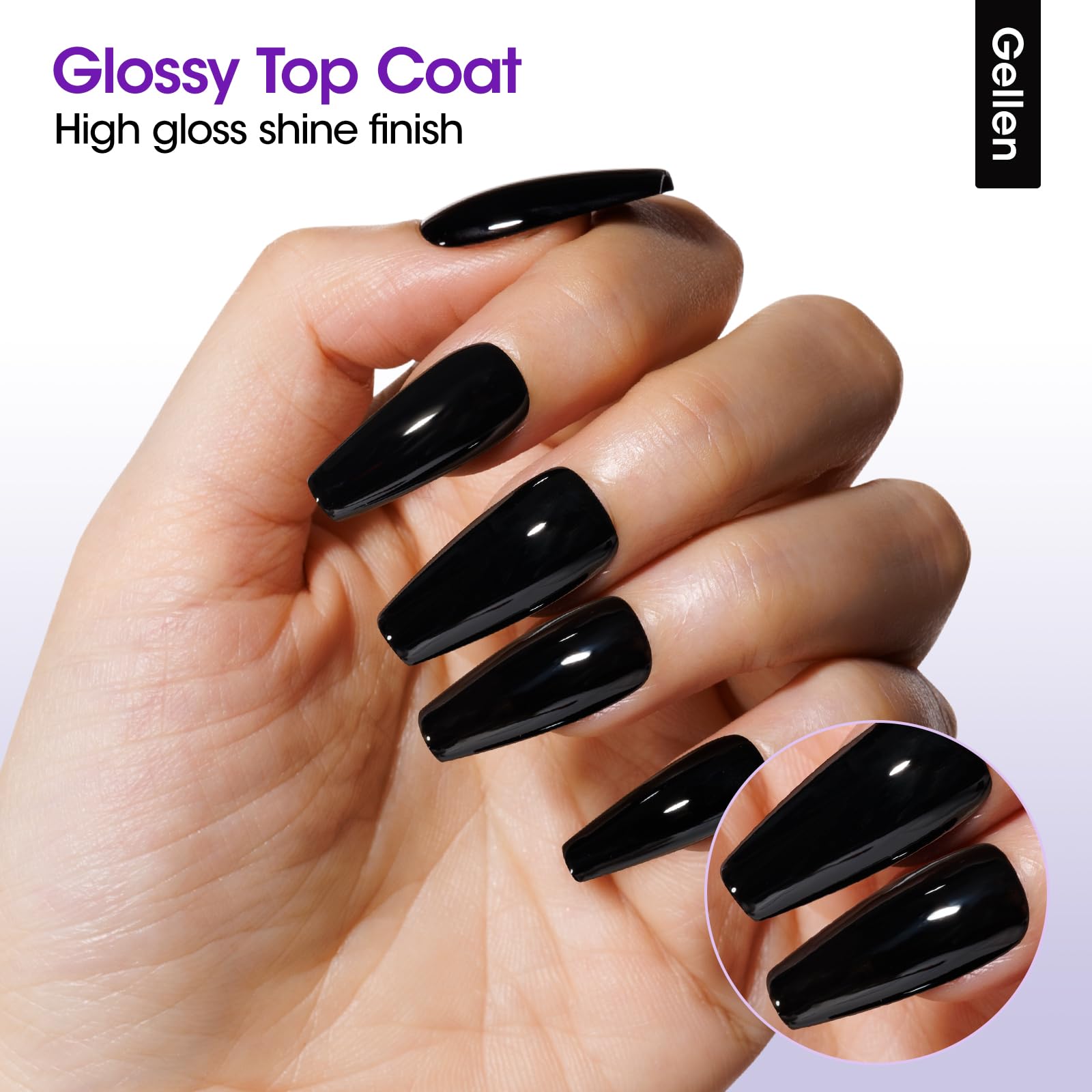 Gellen nails glossy shine application demonstrates reflective surface and salon-like durability.