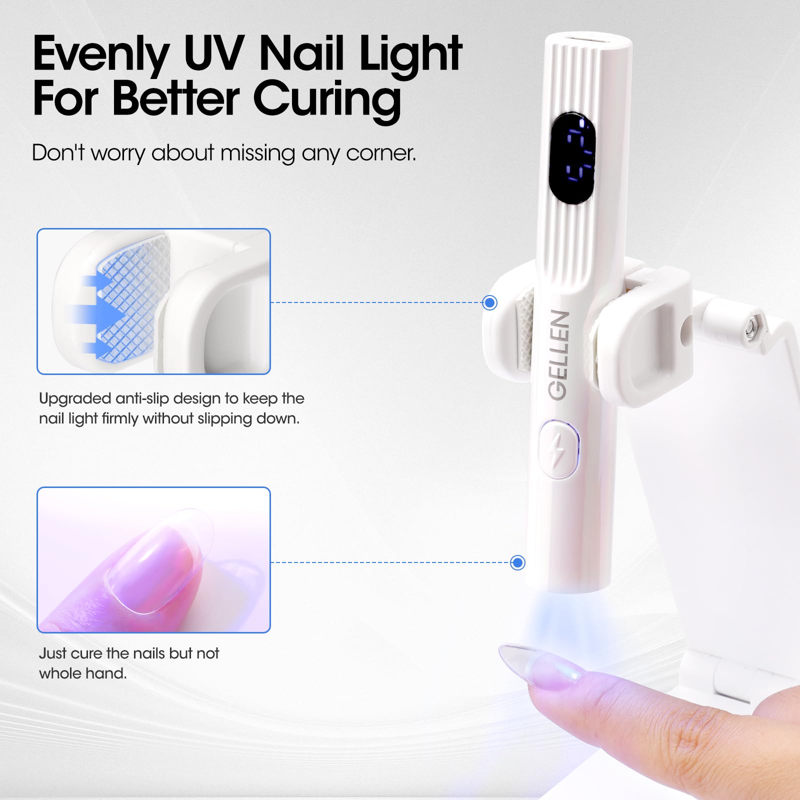 Gellen portable mini UV light LCD display showing curing time clearly.
