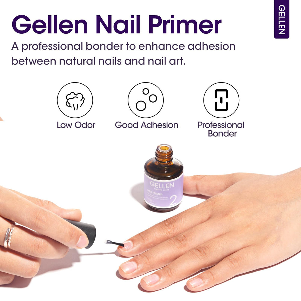 Gellen prep system shown compatible with gel polish, dip powder, and acrylic.