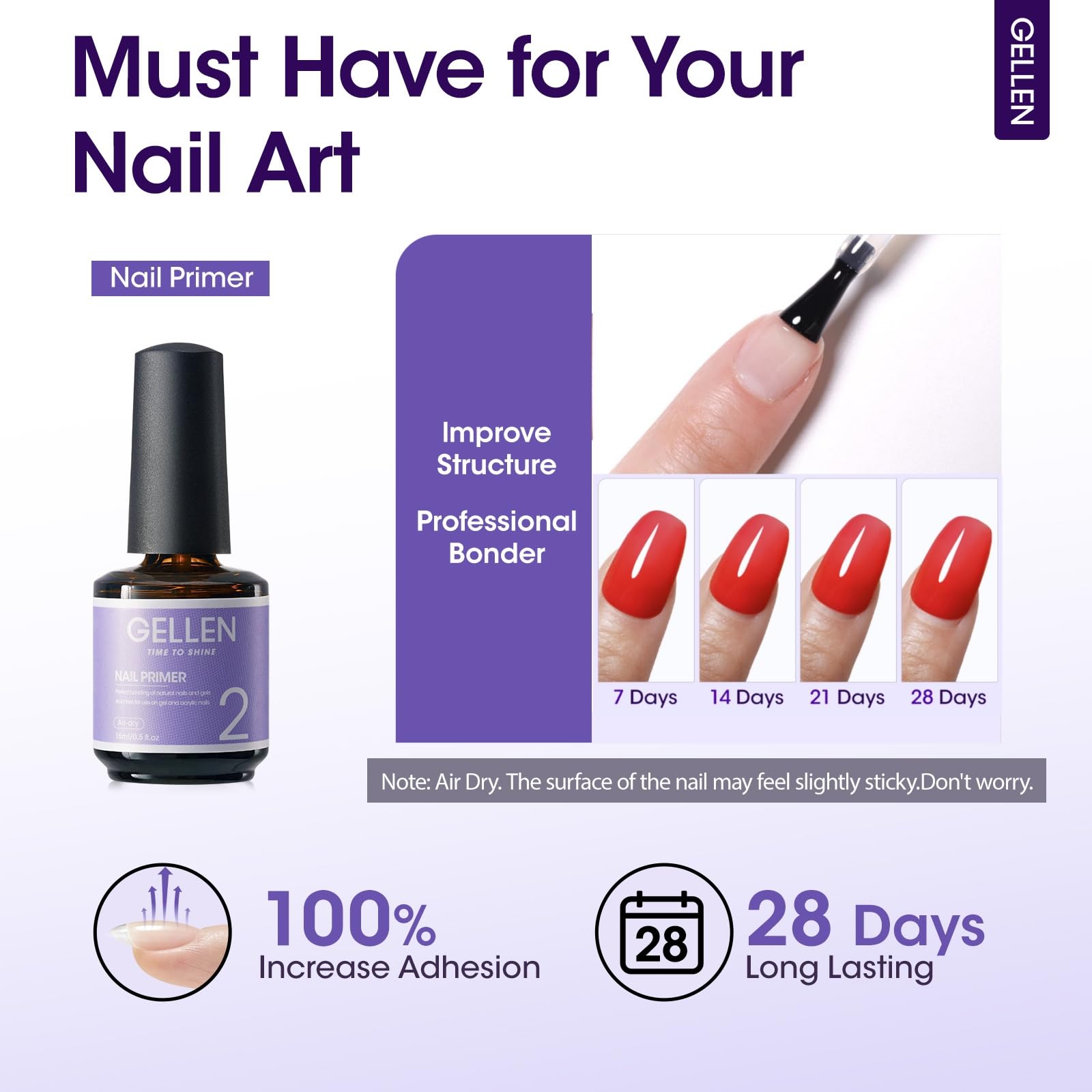 Gellen primer on natural nail demonstrates gentle adhesive bonding.