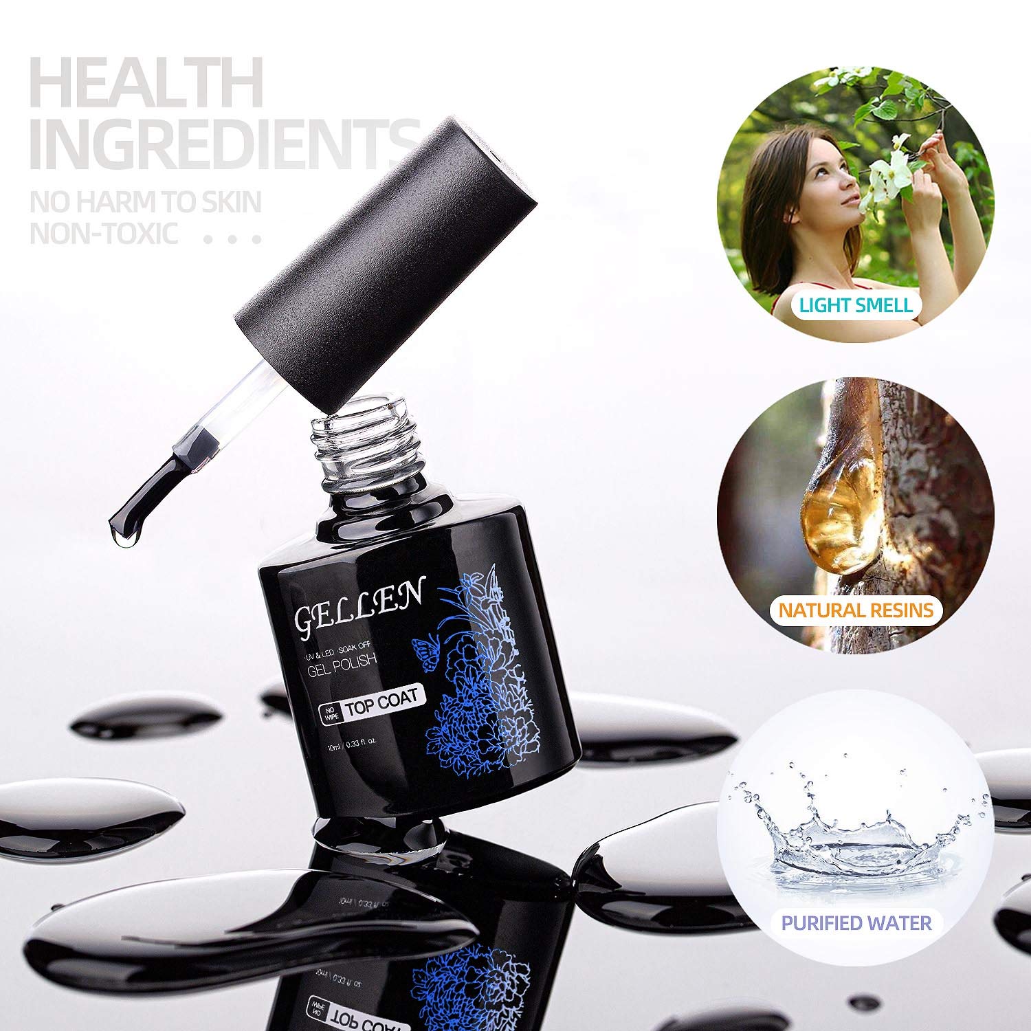 GELLEN top coat bottle delivers a long-lasting glossy finish.