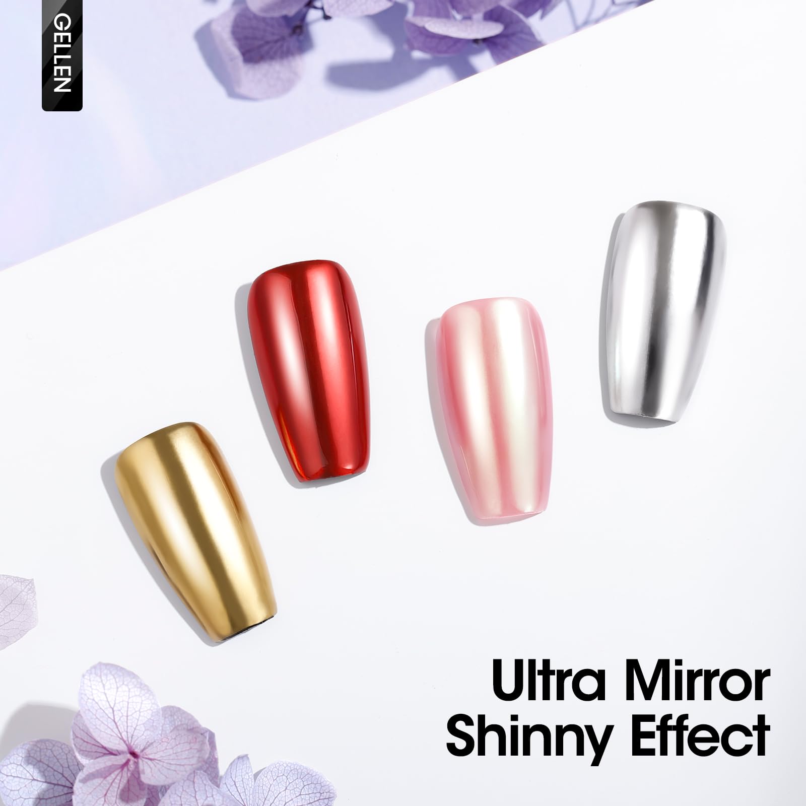 GELLEN chrome manicure UV-curing step under lamp demonstrates long-lasting mirror shine.
