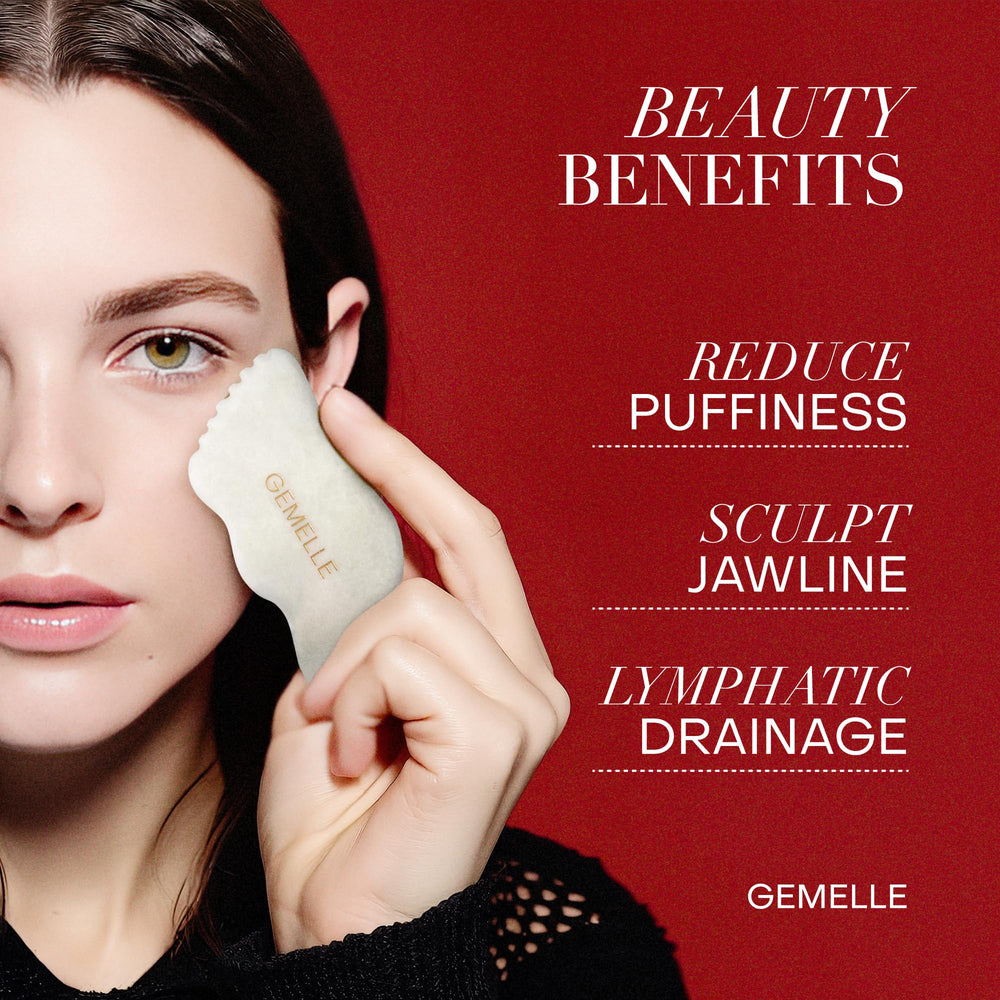GEMELLE White Jade Gua Sha tool 5-edges close-up showing sculpting edge for contouring