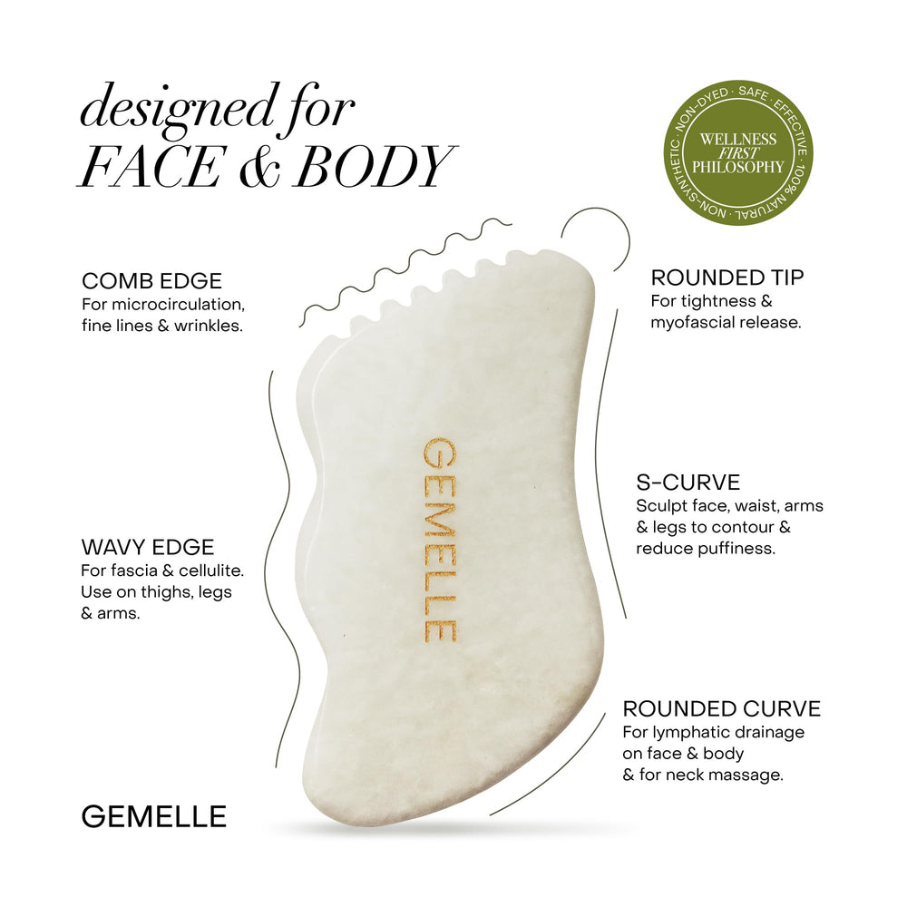 GEMELLE White Jade Gua Sha tool in use on jawline promoting microcirculation