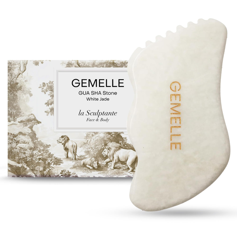 GEMELLE White Jade Gua Sha tool front view for cooling skincare ritual