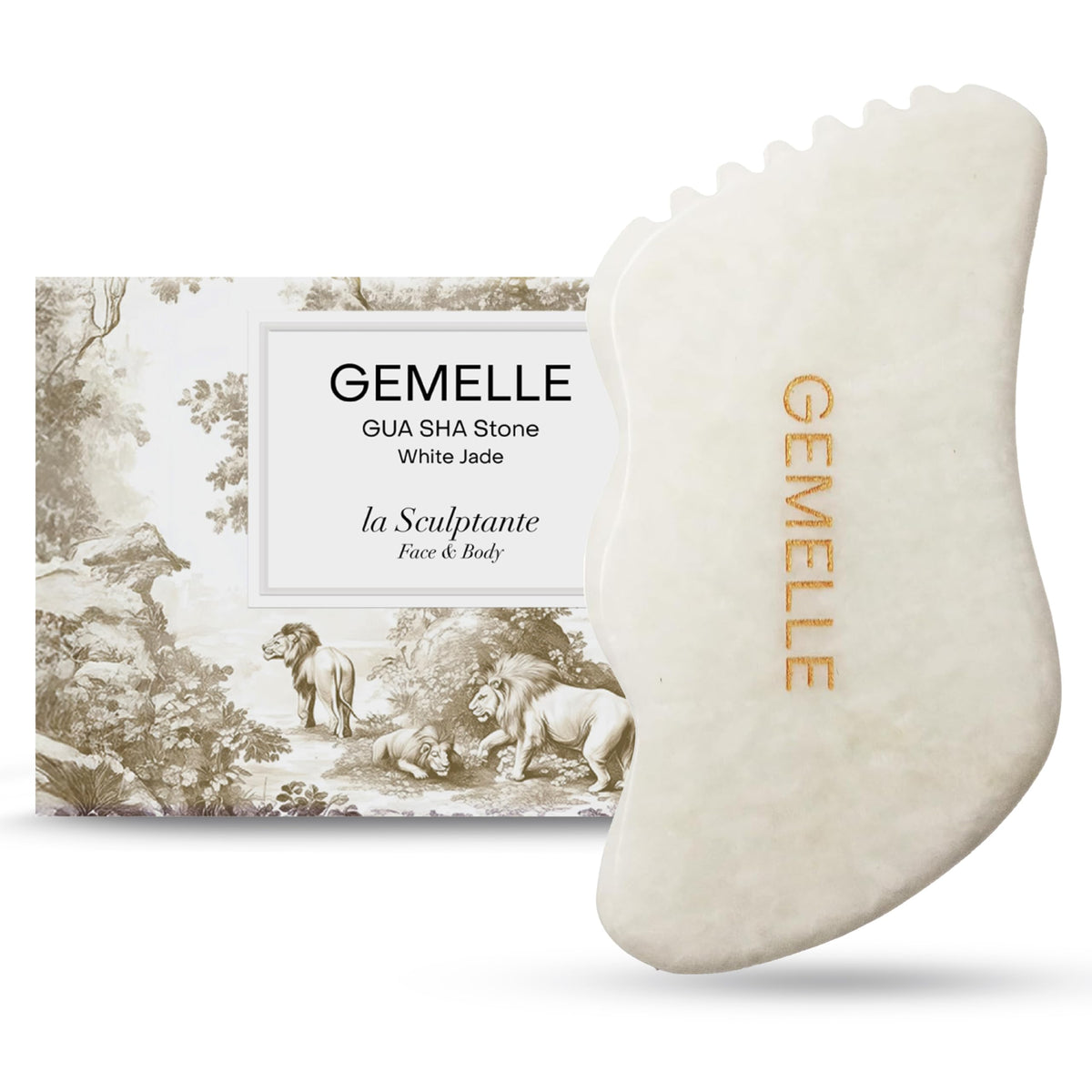 GEMELLE White Jade Gua Sha tool front view for cooling skincare ritual