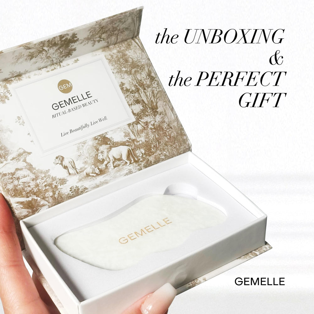 GEMELLE White Jade Gua Sha Starter Set image with oil for smooth application