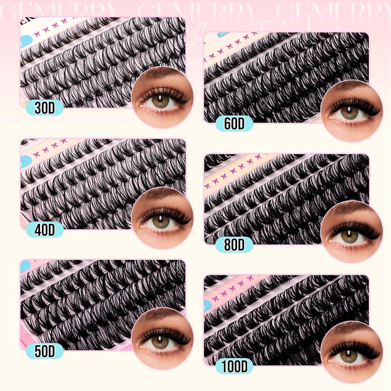 GEMERRY natural-feel lash clusters blend with natural lashes for a soft look.