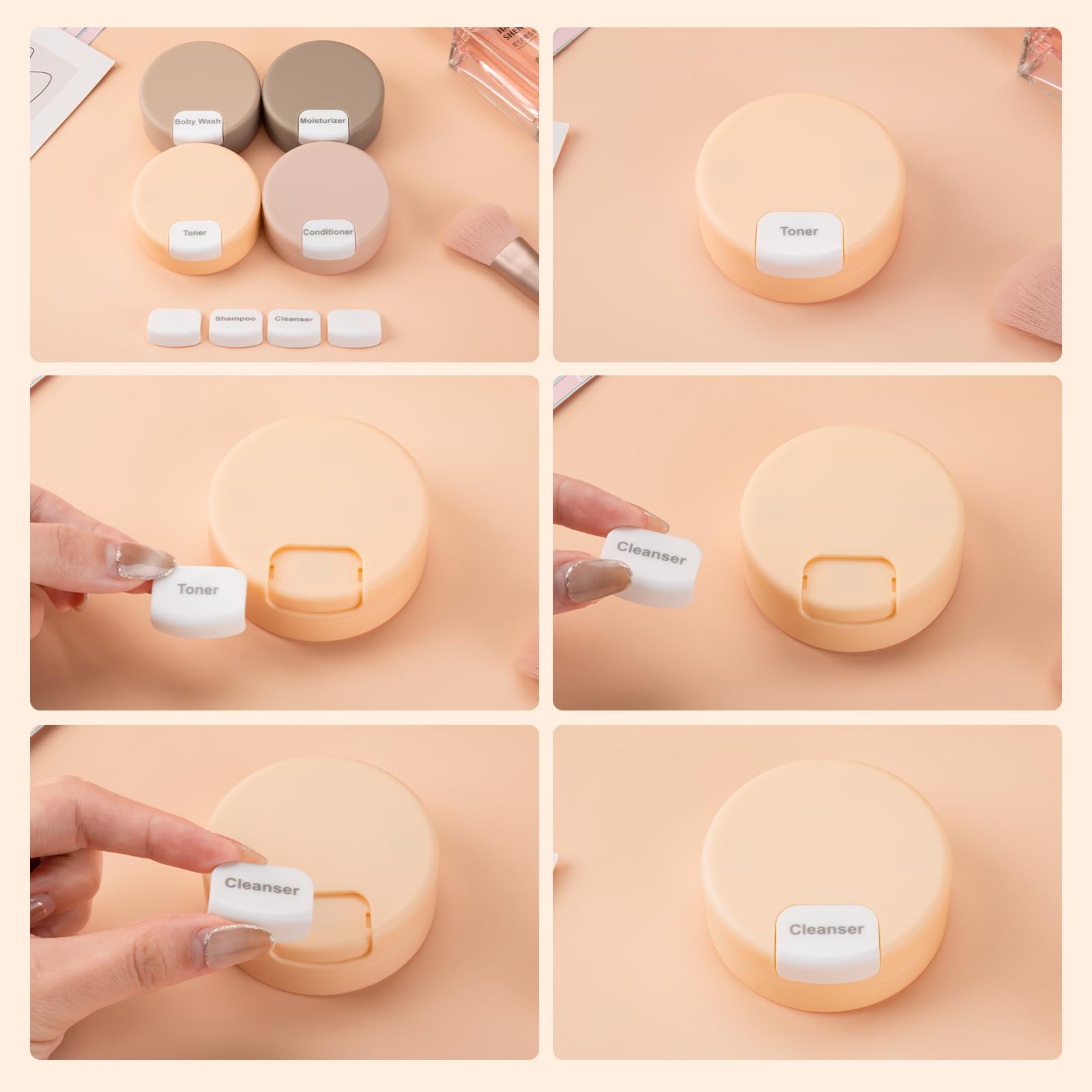 Gemice travel set supports multi-use storage for lotions, shampoos, powders, and condiments.