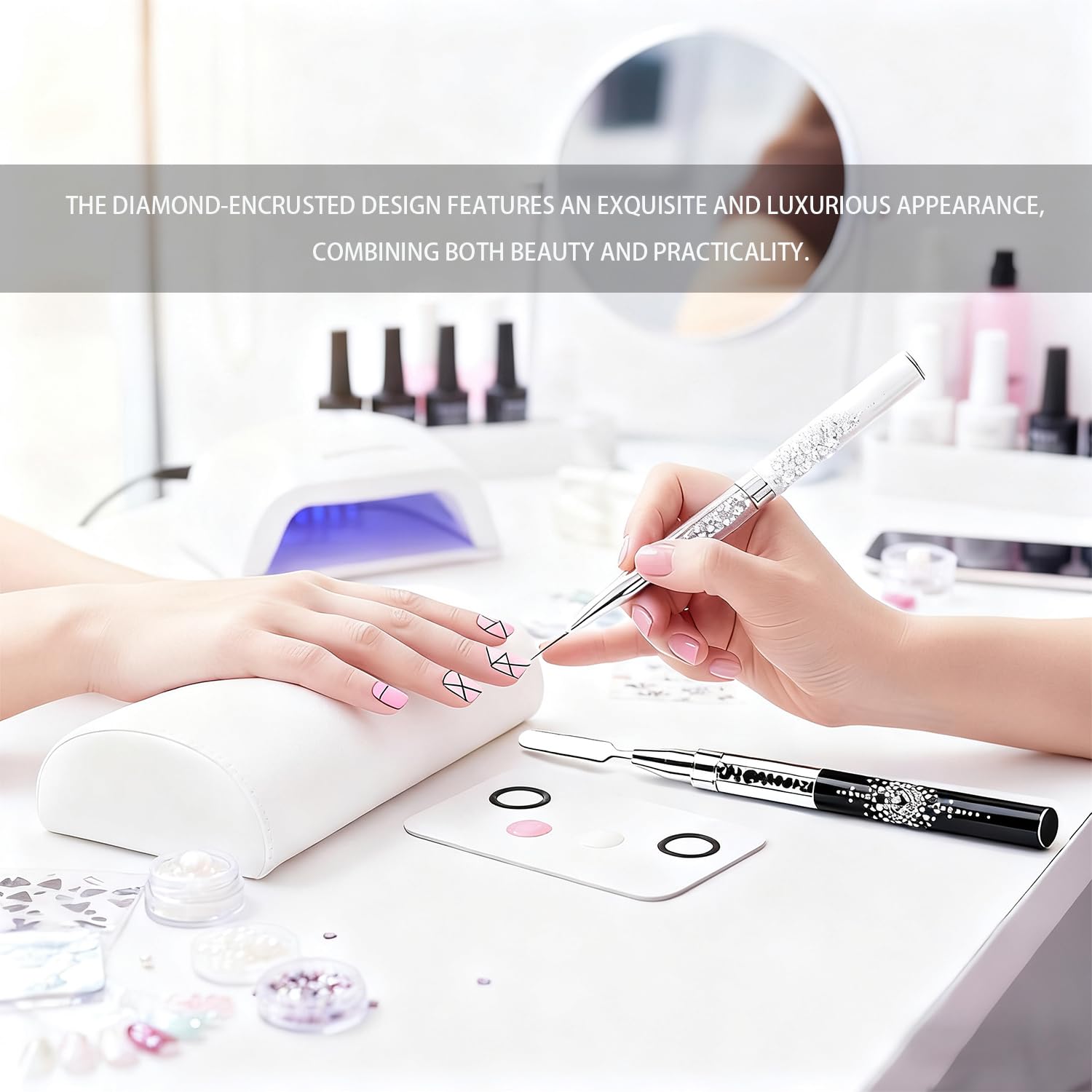 Gemsanva nail-scraper-tool-companion shows easy clean-up after detailed nail art.