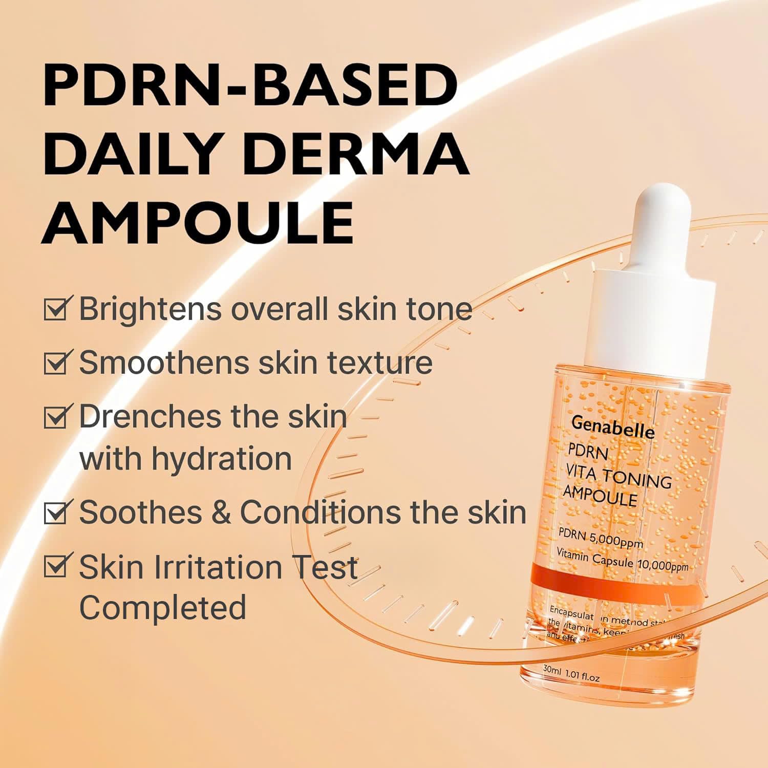 Genabelle HTD-Genacomplex with salmon DNA and hyaluronic acid supports elasticity and glow.