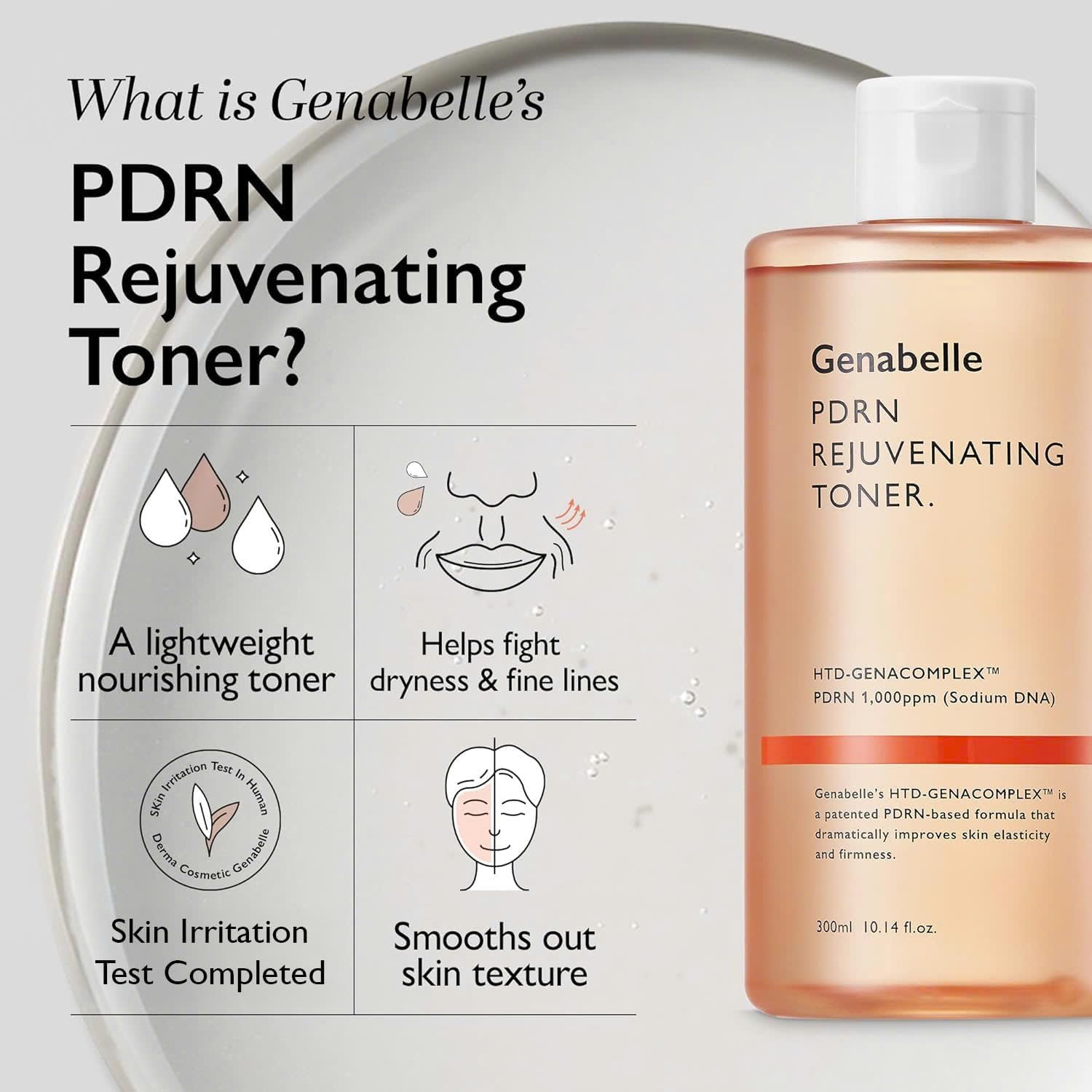 Genabelle PDRN Toner packaging highlights alcohol-free formula for daily use