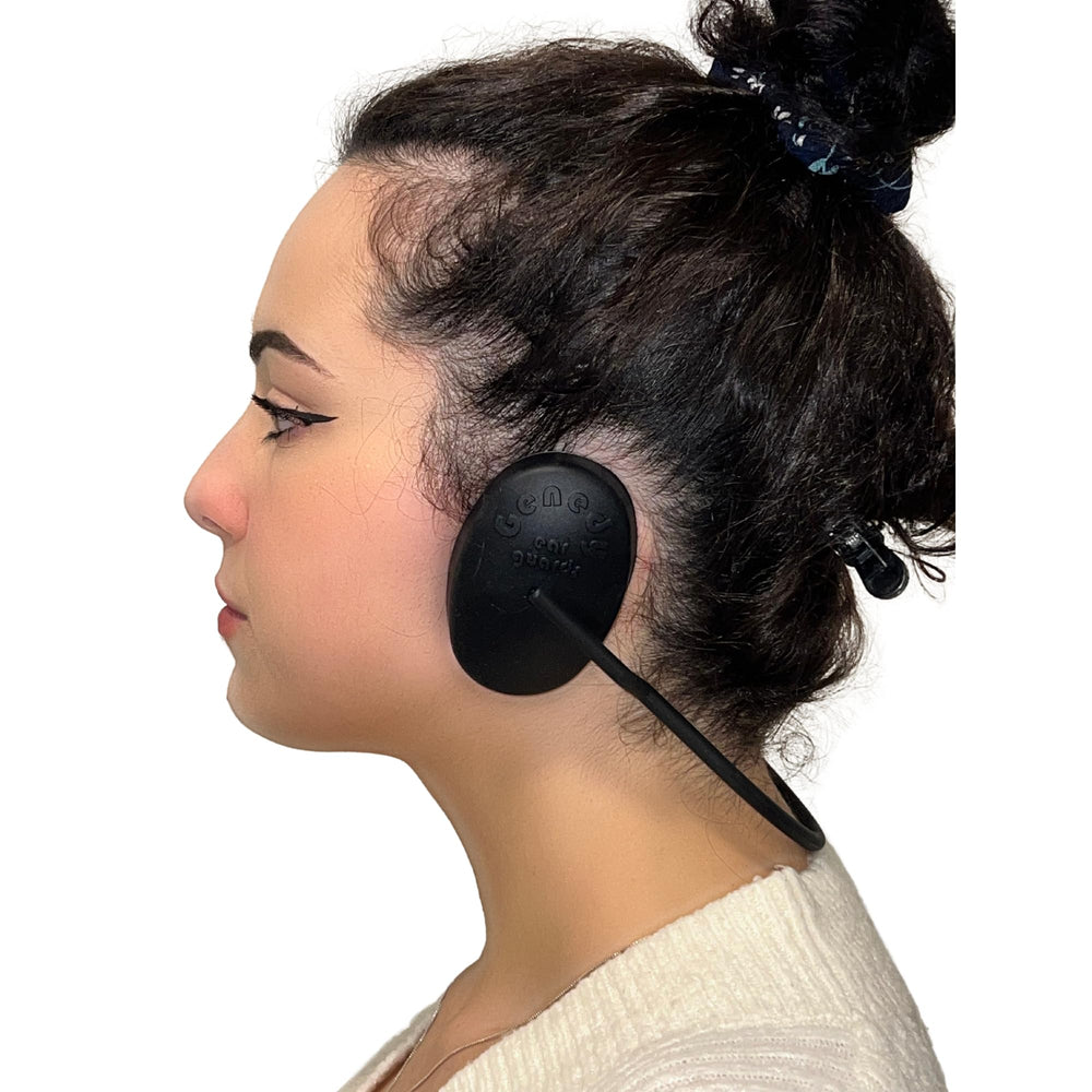Genedy ear covers shown protecting ears from water during showering